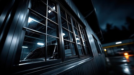 Fototapeta premium Nighttime exterior of dark metal building with large pane window reflecting interior lights and vehicle