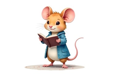 Children’s cute animal card. A little soapy mouse in a blue jacket stands holding a book and reading. The background is white