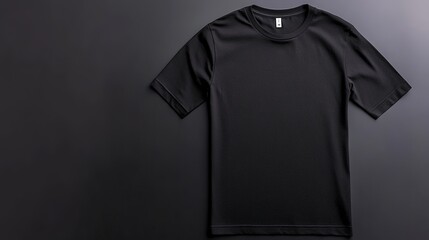 Black t-shirt mockup with a minimalist design displayed on a dark background. 