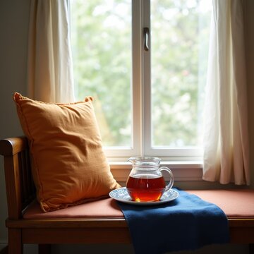Serene window-side moment: wooden bench with apricot crush cushion, glass carafe with herbal tea, ceramic dish on cobalt blue linen napkin, sunlight filtering through sheer curtains.