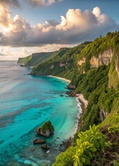Fototapeta premium Tropical Island Coastline with Lush Cliffs and Azure Ocean.
