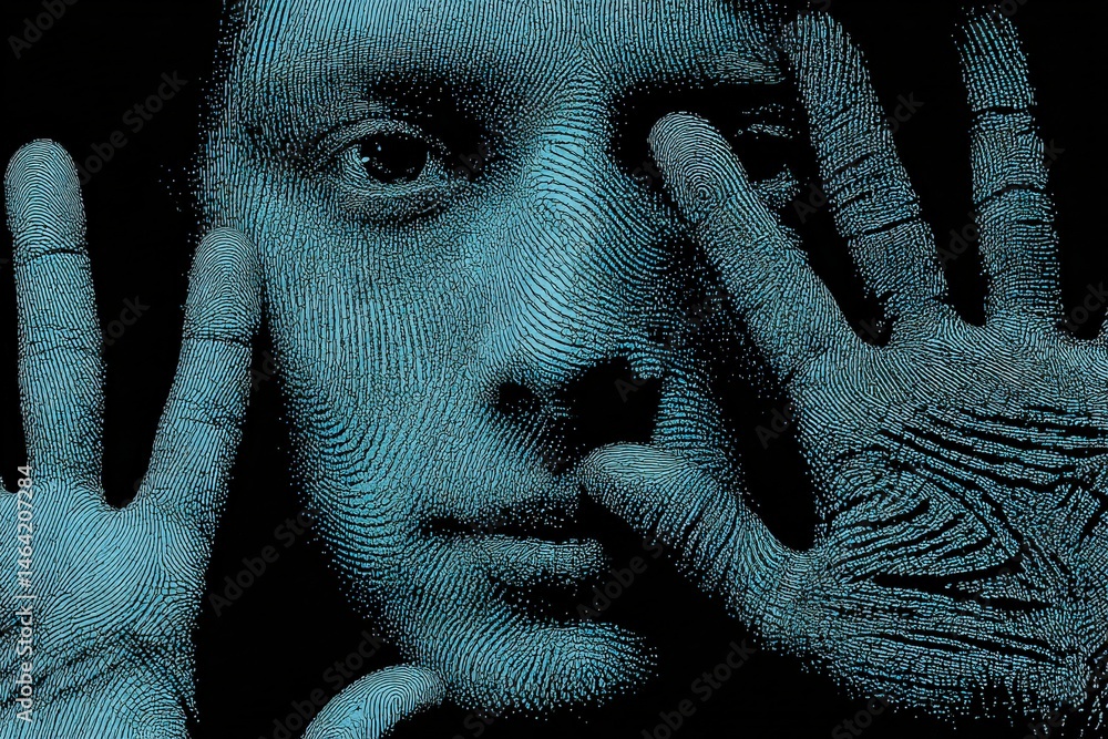 Aufkleber engaging visual representation of a person's face blended with intricate fingerprint patterns showca