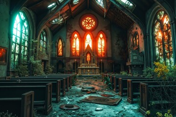 Obraz premium A church with stained glass windows and pews in it