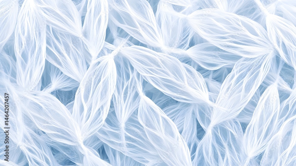Poster intricate pattern of pale blue, translucent, leaf-like forms interwoven, creating a textured, ethere
