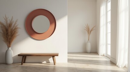 Simple hallway with natural stone tiles, minimalist wooden bench, round mirror with muted coral frame, dried ornamental grass in a ceramic vase, daylight streaming through sheer curtains.