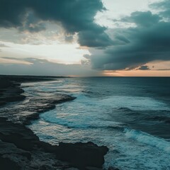 Obraz premium The ocean is rough and choppy, with dark clouds looming overhead, storm over the ocean, natural ocean landscape background.