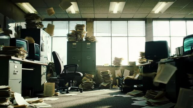 Unorganized office in disarray. Overwhelmed Office: Desk Chaos & Falling Documents