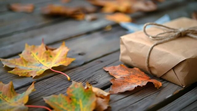 gift wrapped in brown kraft paper and tied with a bow placed on a wooden table surrounded by colorful autumn leaves. Autumn video wallpaper