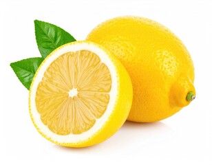 Lemon with leaves: A vibrant yellow lemon, sliced open, revealing its juicy, tangy interior, alongside two lush green leaves. The lemon is isolated against a white background.
