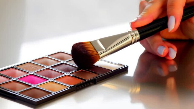 A close-up shot of a makeup brush hovering over a vibrant eyeshadow palette. The image exudes creativity and the artistry of beauty
