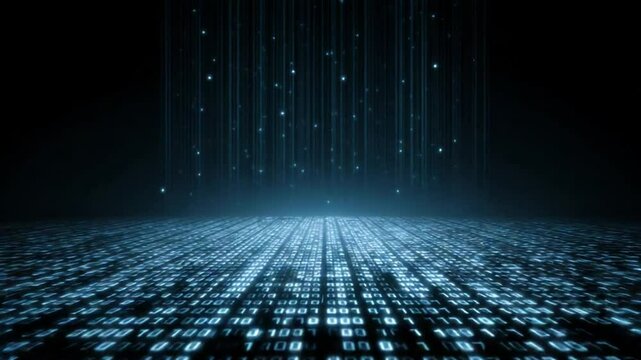 Abstract digital landscape with glowing binary code cascading from above, creating a futuristic atmosphere