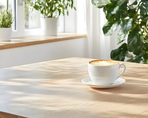 Sunlit latte art on light wood table near plants