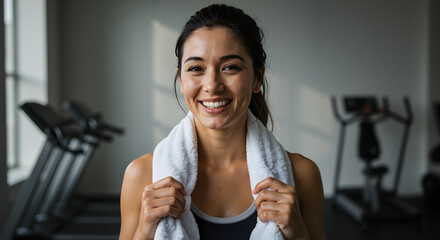 Fit woman smiling with a towel in a gym background  