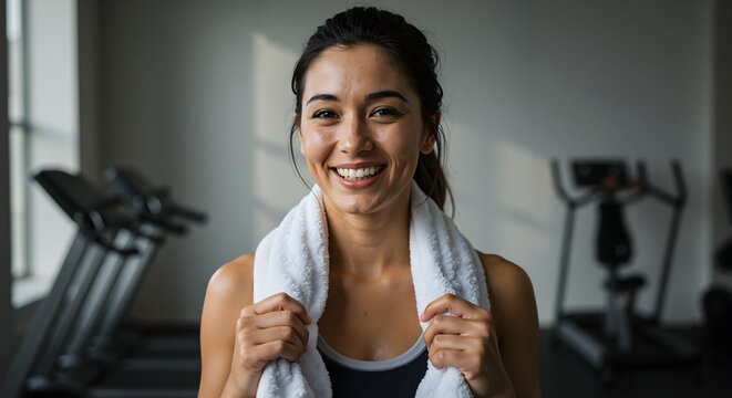 Fit woman smiling with a towel in a gym background  