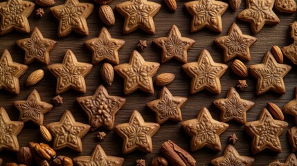 Star-shaped Cookies and Nuts on Dark Wooden Surface Background