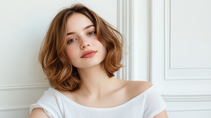 Naklejka premium Confident millennial woman in casual attire posing for a profile picture at home. 