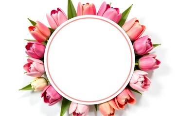 The round white label with free space for text is framed by pink tulips