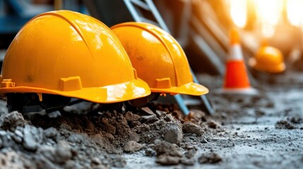 This image depicts bright yellow construction helmets resting on gravel at a construction site, emphasizing safety and diligence on the job.
