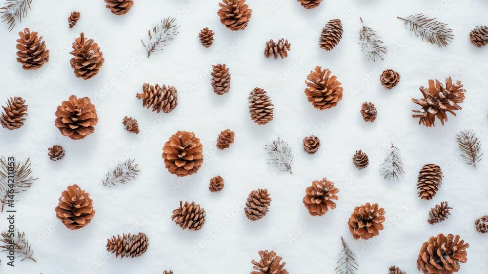 Aufkleber pine cones and snowy fir branches are creating a beautiful winter pattern on a pristine white snow b
