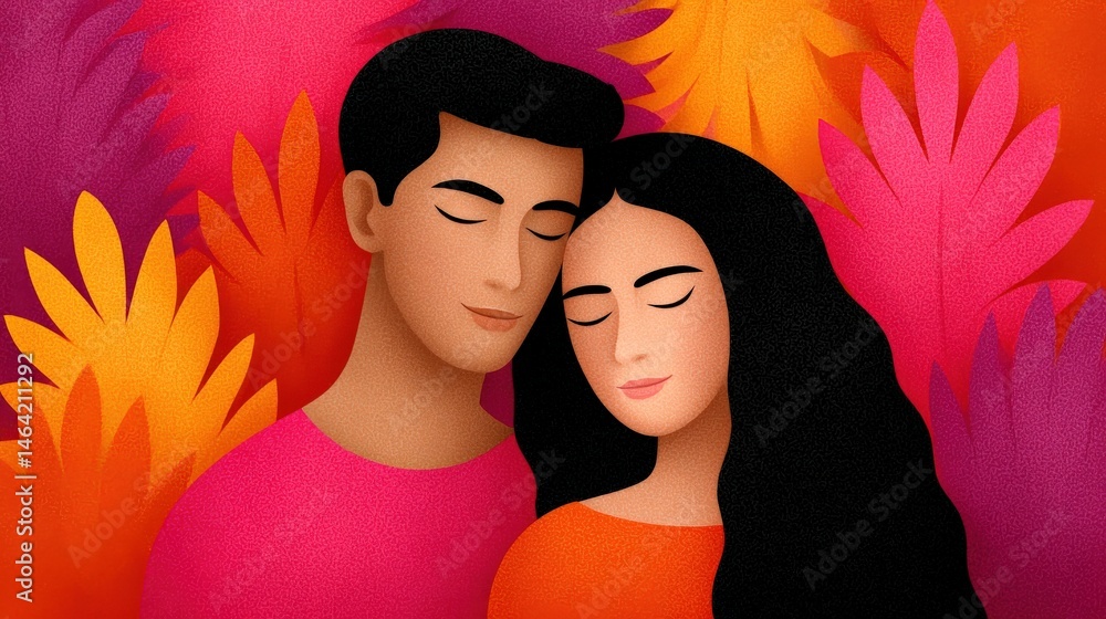 Poster embracing warmth and connection between a couple surrounded by vivid leaves expressing love and unit