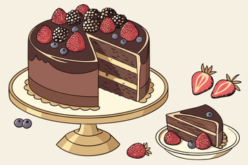 16 Photorealistic chocolate cake slice, mixed berries topping, raspberries, blackberries, blueberries, strawberries, gold cake stand, elegant dessert presentation, high-resolution, studio lighting, fo