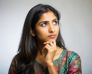 Pensive young woman with long black hair thoughtful expression Indian ethnicity
