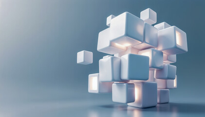 A futuristic ultradetailed 3d arrangement of glossy illuminated white cubes floating in a minimalist blue-gray digital environment