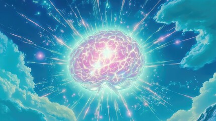 Obraz premium Circular pulses radiating outward from the center of a glowing brain-shaped neural map