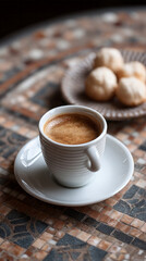 Espresso elegance graces rustic mosaic table, evoking International Coffee Day delight and Italian La Dolce Vita nostalgia
