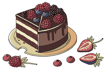 16 Photorealistic chocolate cake slice, mixed berries topping, raspberries, blackberries, blueberries, strawberries, gold cake stand, elegant dessert presentation, high-resolution, studio lighting, fo