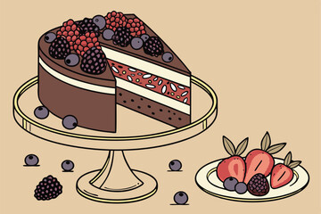 16 Photorealistic chocolate cake slice, mixed berries topping, raspberries, blackberries, blueberries, strawberries, gold cake stand, elegant dessert presentation, high-resolution, studio lighting, fo