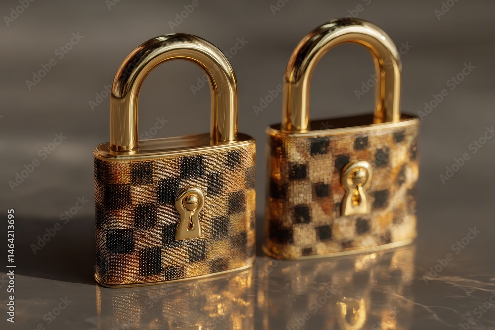 Poster luxurious golden locks adorned with stylish checkerboard patterns symbolize security and elegance in