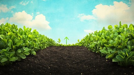 Lush Vegetable Garden with Sky and Green Growth Directional Sign