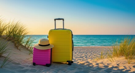 Suitcases on the beach with a hat on top of the pink suitcase ready for a summer vacation trip