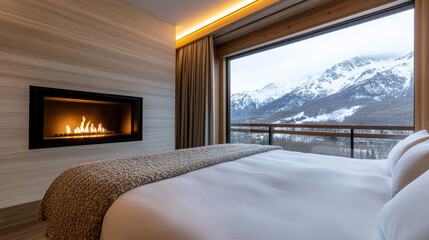 Cozy alpine retreat transcends tranquility; roaring fireplace, panoramic snowy peaks, evokes Hygge essence and Winter Solstice serenity