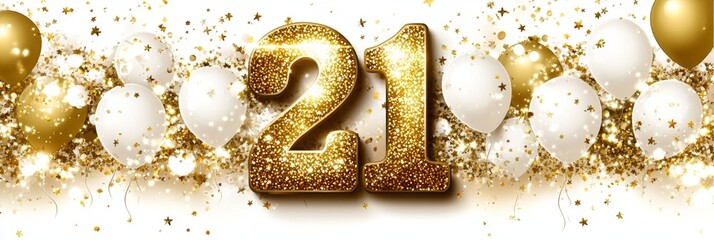 Golden Number 21 Balloons And Confetti On White Background. 21st Birthday Celebration