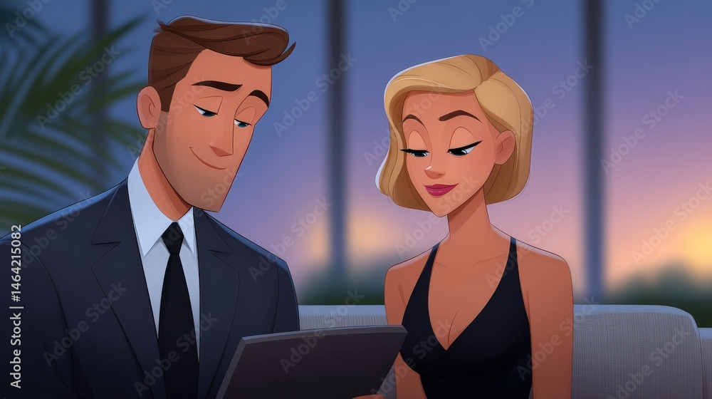 Aufkleber dynamic couple enjoying an engaging conversation while seated in a modern lounge setting with soft l