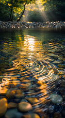 Golden Dawn: A Serene Spring Water Emergence in Nature's Oasis Capturing Tranquility and Renewal