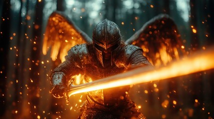 An awe-inspiring angelic warrior adorned in armor and wielding a flaming sword, exuding strength and power against a dramatic, fiery forest backdrop.