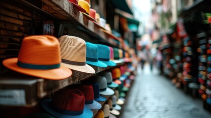 A vibrant array of hats displayed in a street market, showcasing a rich diversity of colors and styles, perfect for capturing the essence of urban culture and fashion.
