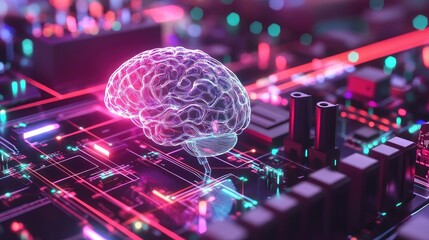 Glowing transparent brain connected to digital interface through multicolored cables