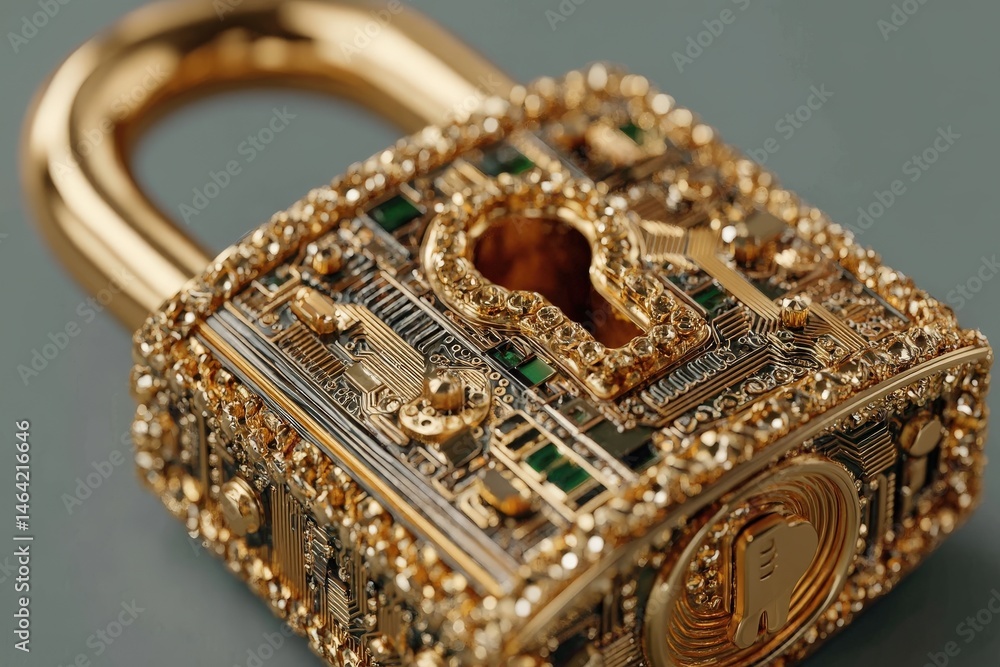 Poster intricate golden padlock with circuit design showcases the fusion of technology and security in a vi
