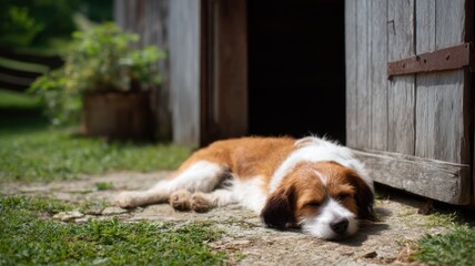 Slow living rural. A brown and white dog naps peacefully in the sunlight at the entrance of a rustic wooden shed.