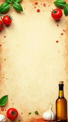 Background in warm colors for the pizzeria menu. Illustrations of pizza ingredients such as basil leaves, cherry tomatoes, garlic, and bottles of olive oil.
