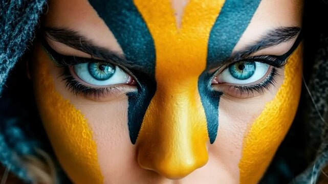 A woman with a bee face paint on her face