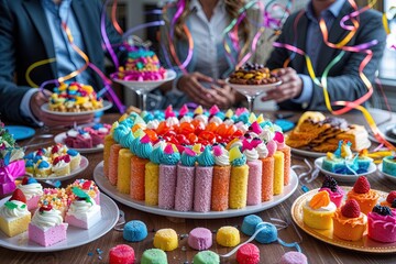 Joyful Workplace Celebration with Colorful Treats and Decorations for Team Success and Appreciation