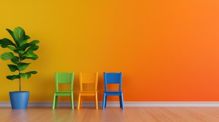 Colorful Chairs Against a Vibrant Orange and Yellow Wall