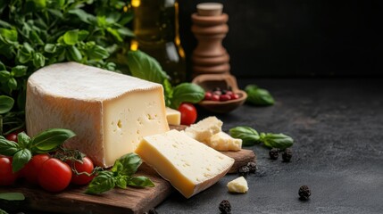 A rustic arrangement featuring creamy cheese, fresh basil, cherry tomatoes, and a wooden board creates an inviting atmosphere for food lovers and culinary enthusiasts.