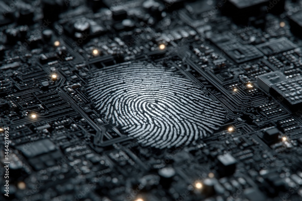 Poster intricate fingerprint design overlaid on a black circuit board highlighting the blend of identity an