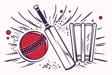 18 Cricket equipment, stylized illustration, red cricket ball, wooden cricket bat, wooden stumps, black splatter background, dynamic composition, sports gear, vector art style, minimal color palette, 